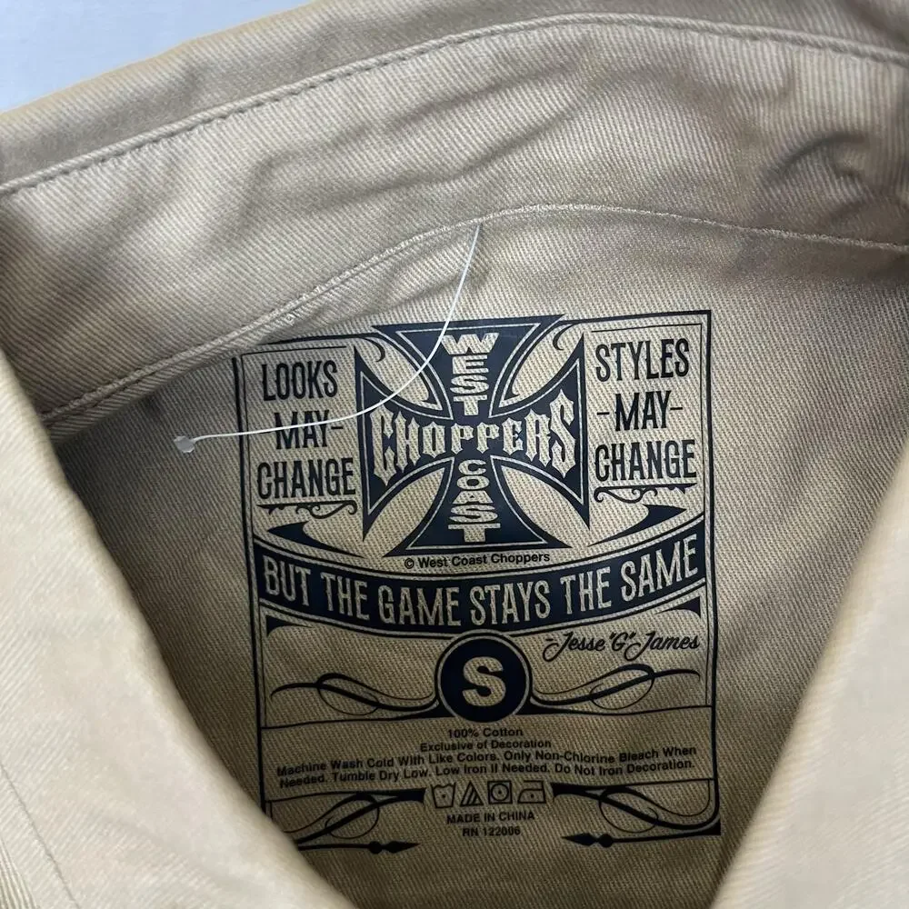 West Coast Choppers Shirt Mens Small Beige Motorcycle Short Sleeve Button Front